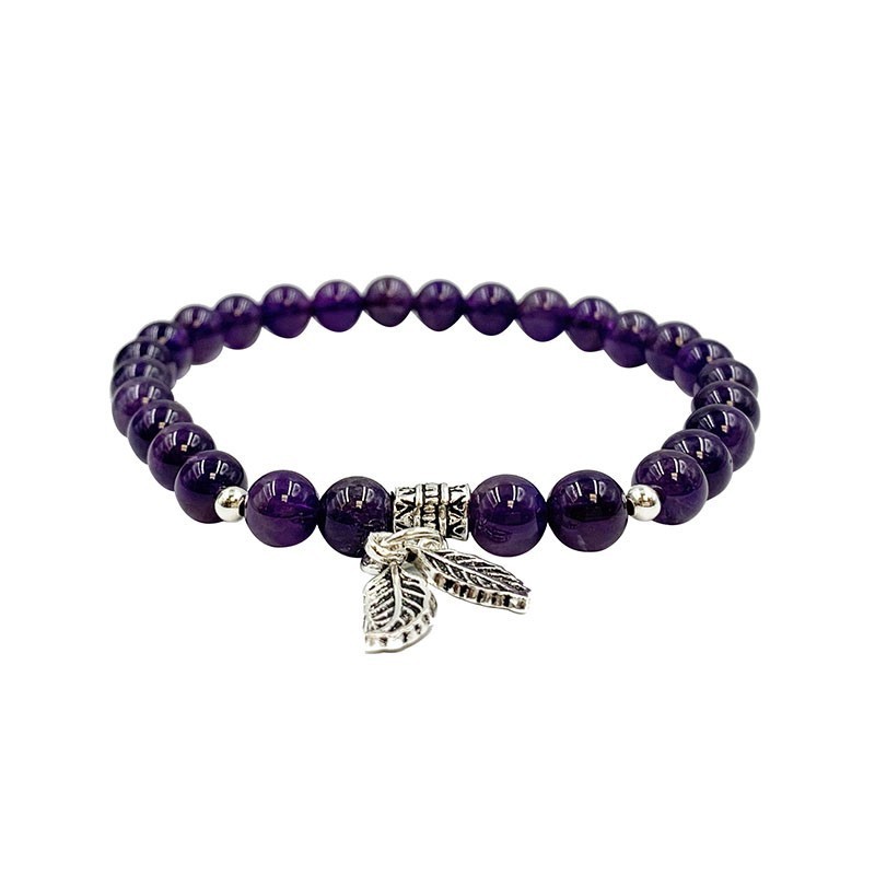 Bracelet 6mm feuille+billes amethyste argent 0.925