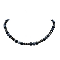 Collier homme 42cm onyx dépoli+agate+hématite+bois